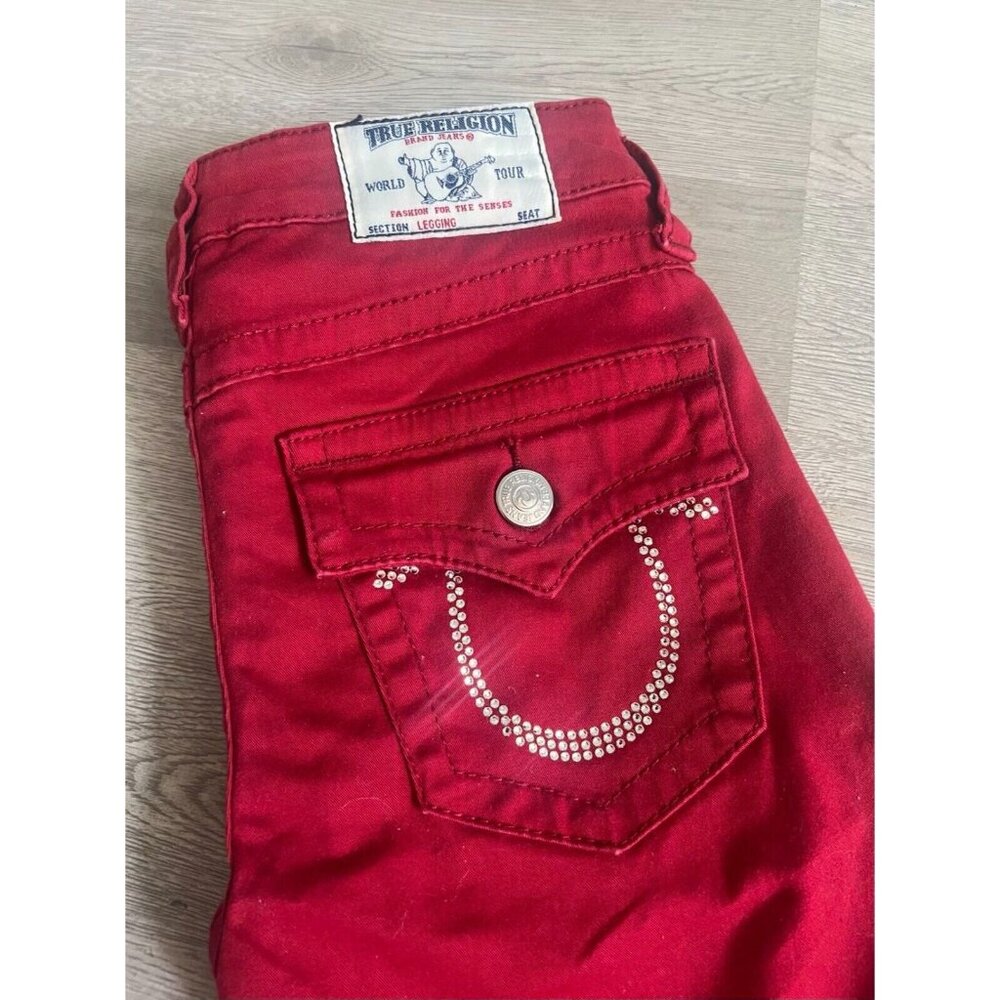 True Religion Swarovski Crystals Logo Leggings Red Skinny Jeans Size 26 - Picture 1 of 11